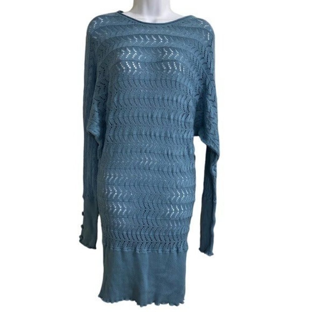 Vintage women knit wool cashmere blend mini dress L blue lagenlook y2k retro